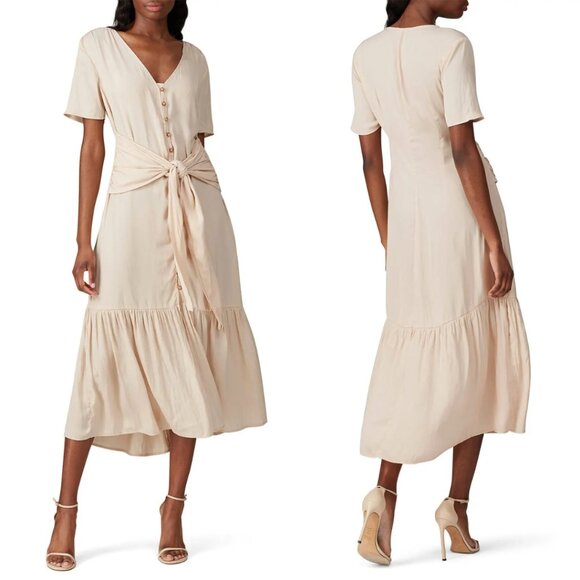 Love, Whit Satin Midi Dress Cream Pink Nude Tie Waist Button - Picture 6 of 6